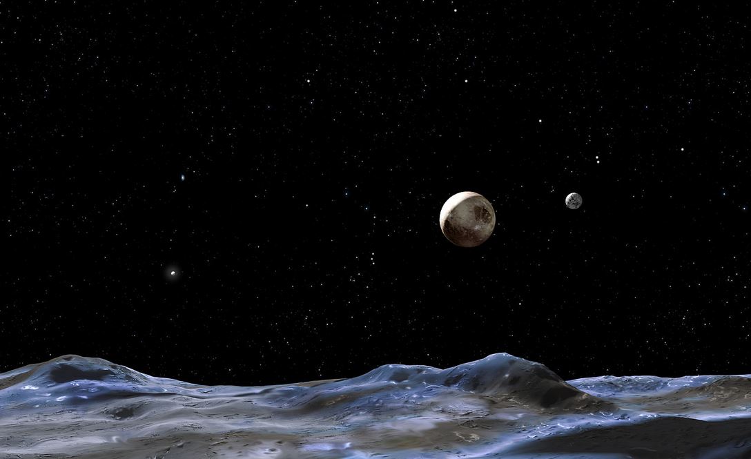 Вид на Плутон и Харон с Гидры в представлении художника