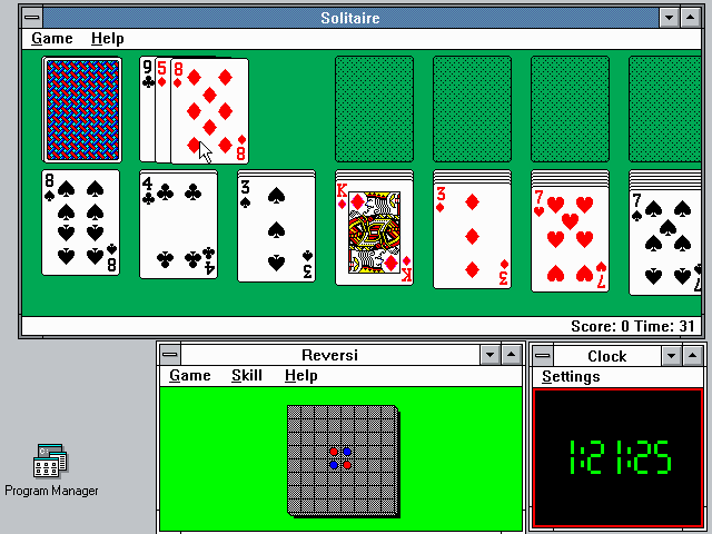 Первая версия Косынки в 1990 году на Windows 3.0