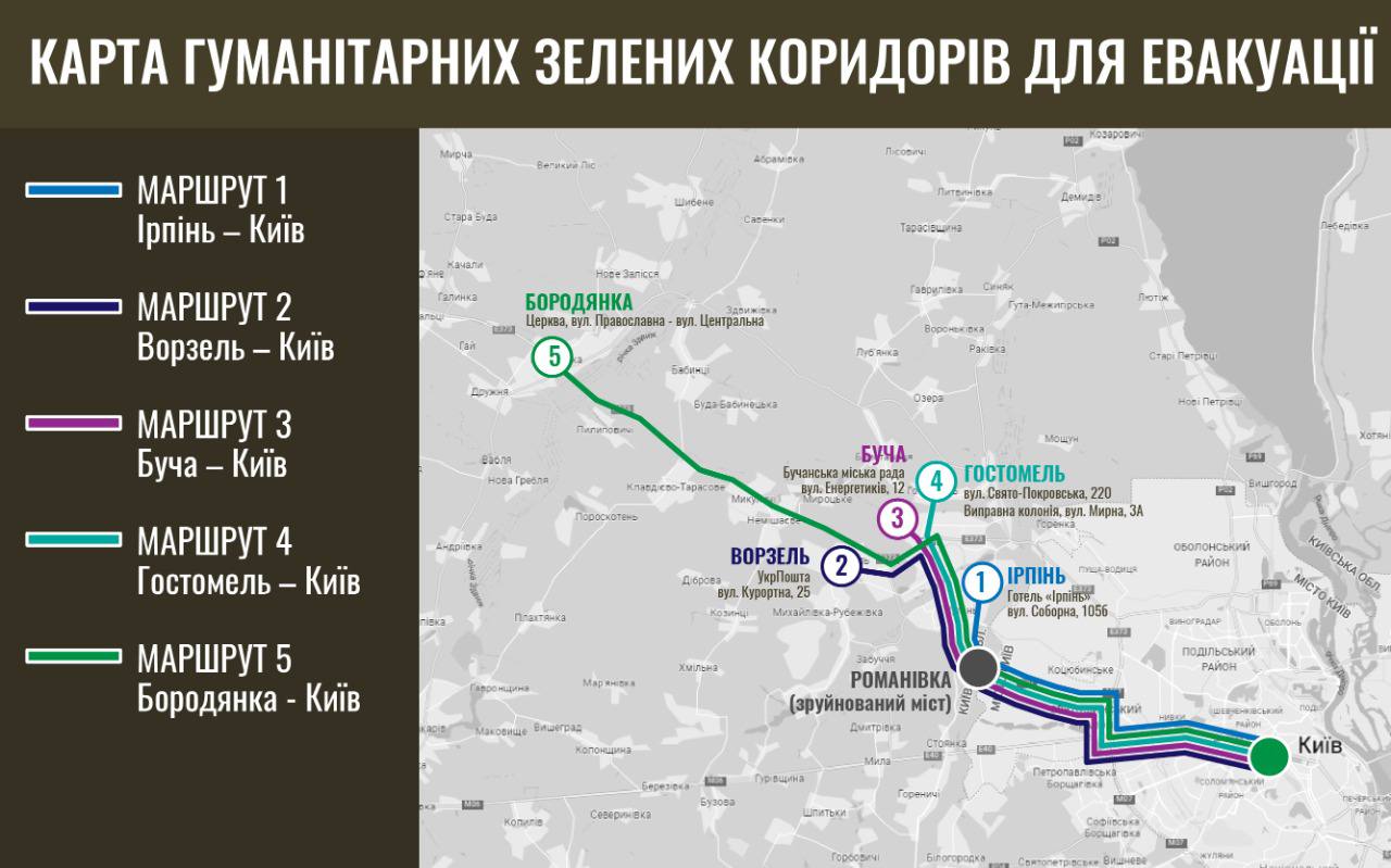 Опубликованы карты гуманитарных коридоров по Киевской области