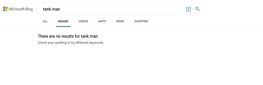 Запрос Tank Man в Bing не показывал ничего