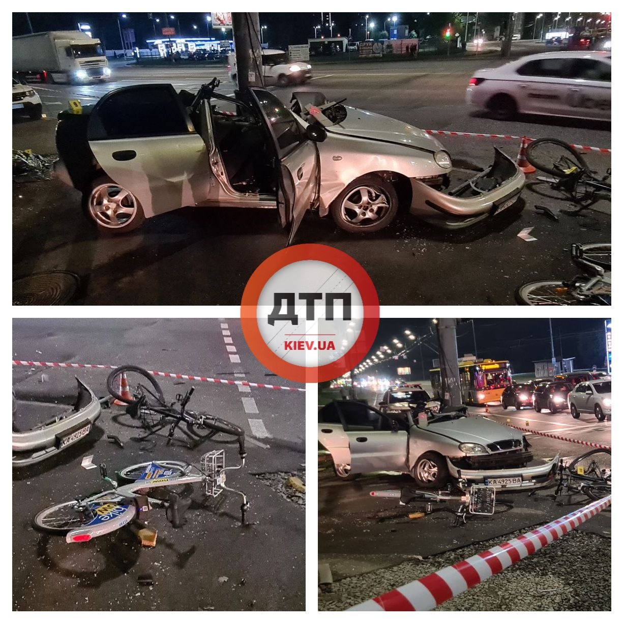 В Киеве автомобиль снес двух велосипедистов и врезался в столб