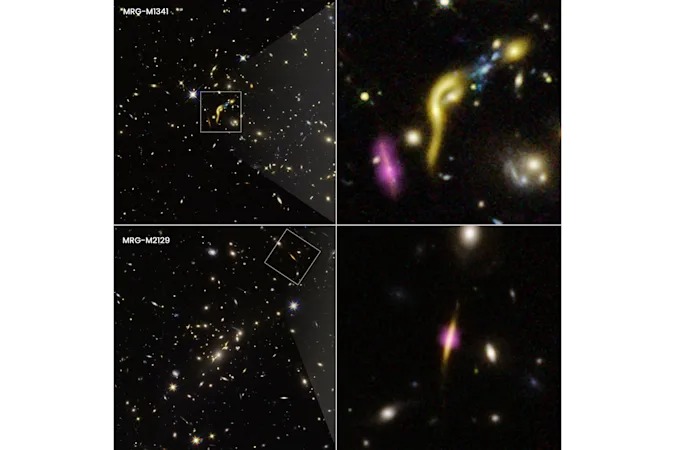 Две "мертвые" ранние галактики, снятые космическим телескопом Хаббла и ALMA, в вынимании и крупным планом