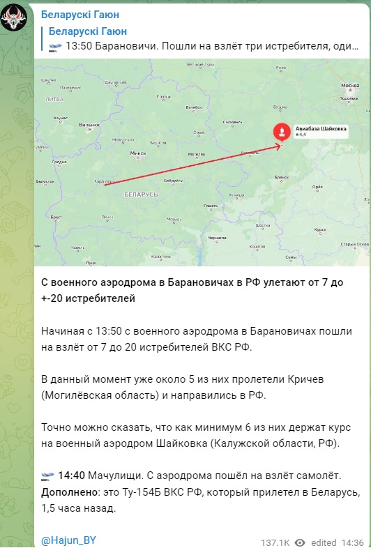 З військового аеродрому в Барановичах (Білорусь) до Росії відлетіло від 7 до 20 винищувачів. Про це повідомляє Telegram-канал "Беларуски гаюн", який повідомляє про воєнну активність росії на території Республіки
