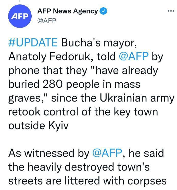 У Бучі під Киевом, яку вчора звільнили від окупантів, військові знайшли кілька братських могил, в яких поховано майже 280 людей. Про це повідомляє AFP із посиланням на мера міста Анатолія Федорука