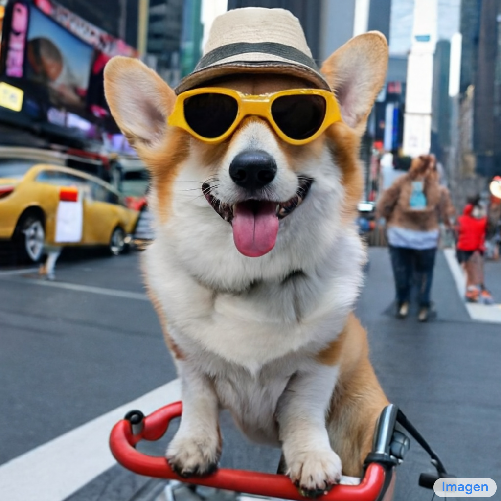 "собака коргі на велосипеді на Таймс-сквер у сонцезахисних окулярах і пляжному капелюху"