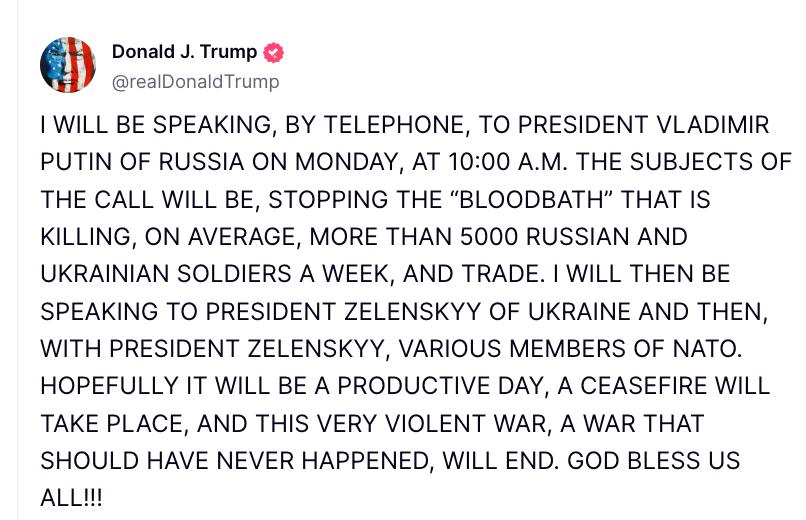 Трамп зателефонує путіну та Зеленському 19 травня