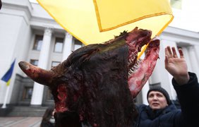 Аграрии пикетируют парламент с головами коров на елках