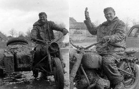 1943. Немецкий мотоциклист узнал, что такое дороги в Советском Союзе.