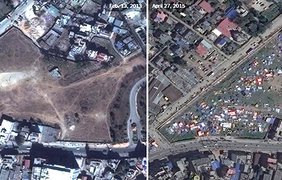 Вид с высоты птичьего полета на парк в Катманду до и после землетрясения