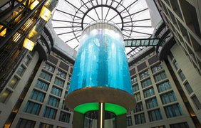 Лифт в отеле Radisson Blu в Берлине. Аквариум содержит более миллиона литров воды