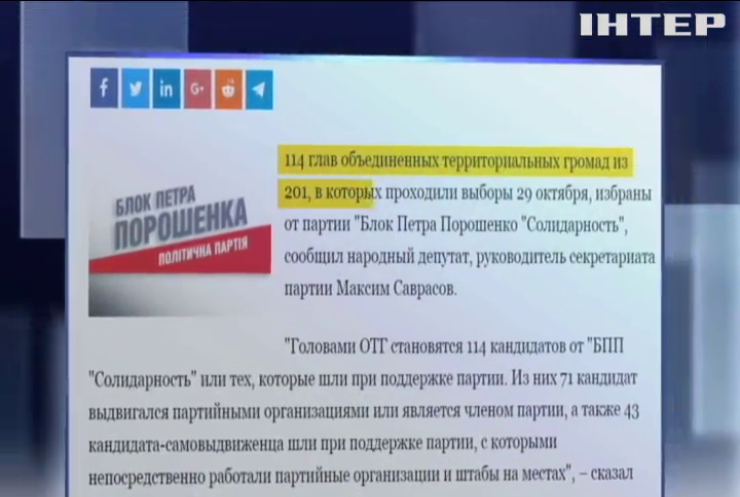 На выборах в объединенные территориальные громады лидирует "Блок Петра Порошенко "Солидарность"