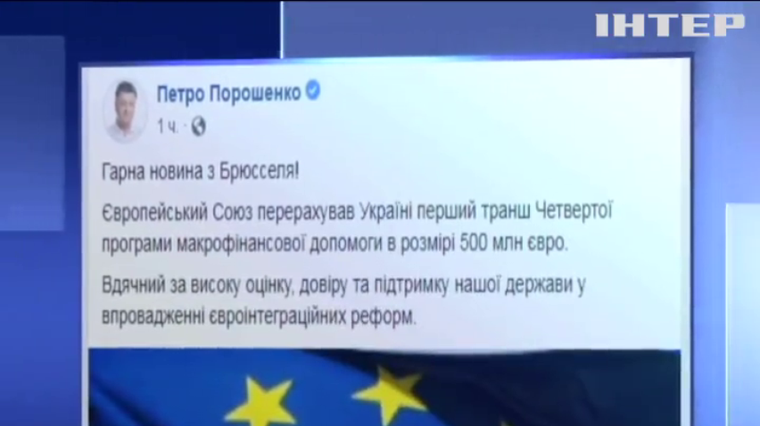 Євросоюз перерахував Україні 500 мільйонів євро допомоги - Петро Порошенко