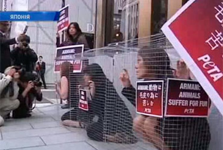 Японки в клетках протестуют против убийства животных